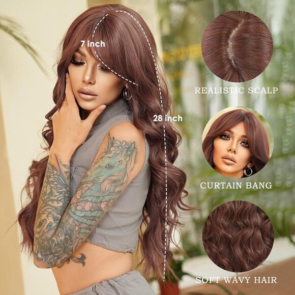 Long Wavy Reddish Brown Wigs With Bangs 28 Inch Chocolate Brown Side Part Curtai - Picture 2 of 7